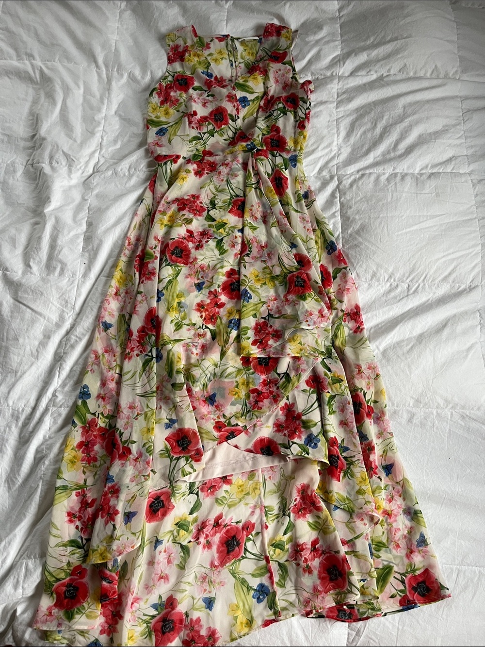 Calvin Klein Floral High-Low Maxi Dress in Red, Green & Blue